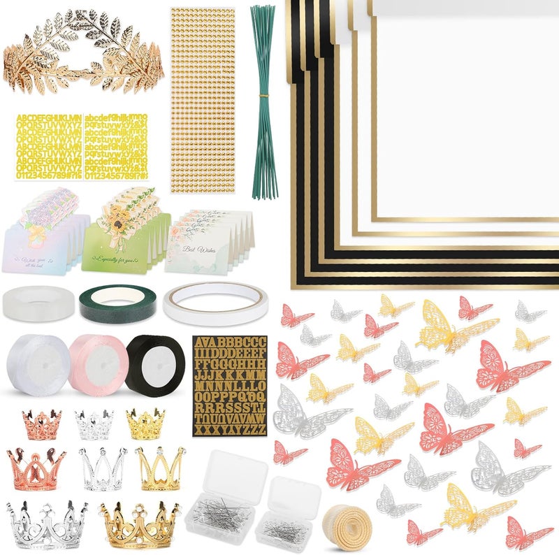 Besuper 260Pcs Flower Bouquet Wrapping Paper Kit, 60 Sheets Waterproof Paper, 36 Butterflies, 8 Crowns, 1 Headband, 4 Ribbons, 15 Cards, 100 Diamond Pins, 30 Floral Wire, 3 Stickers, 3 Tapes (Black & White) - Image 1